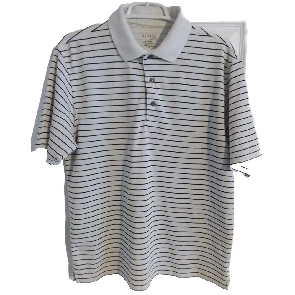 George Golf Mens White Black Striped Polo Shirt Size M Medium Tagless Collared